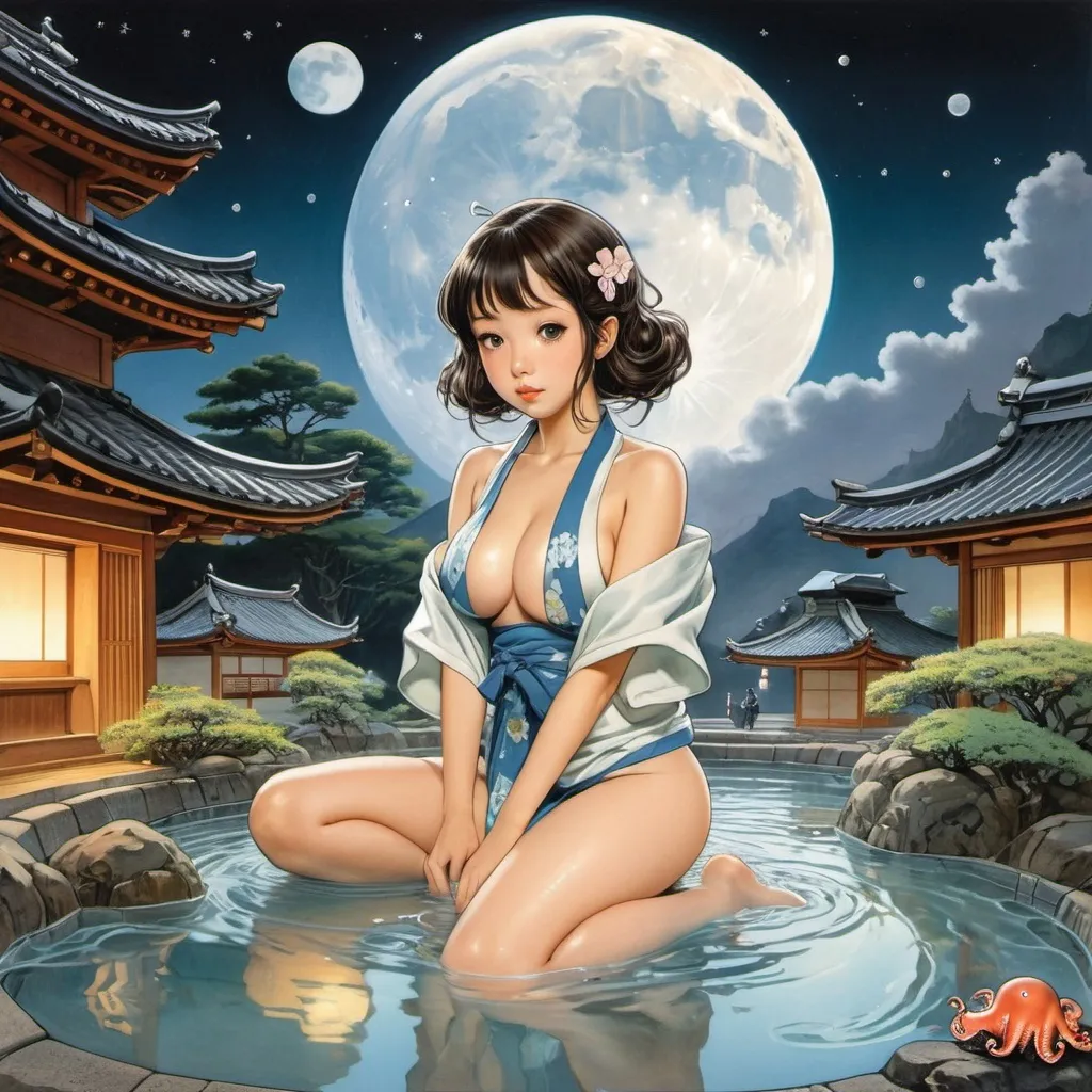 Prompt: Mabel Attwell, Kore Yamazaki, Anton Pieck, Moyoco Anno, Surrealism, wonder, bizarre, bizarre, fantasy, Sci-fi, Japanese anime, relaxing on a hot spring trip, beautiful girl in a miniskirt yukata, perfect voluminous body, octopus bathing in a hot spring in a space suit, full moon and spaceship, detailed masterpiece 