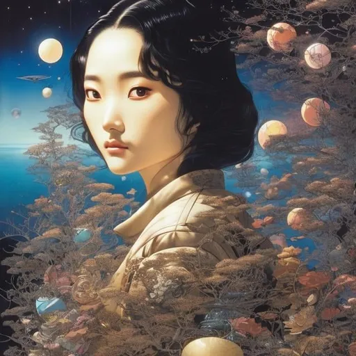 Prompt: Katsuhiro Otomo, Yoshitaka Amano, HARLAND VINEY, Surreal, mysterious, strange, fantastical, fantasy, sci-fi, Japanese anime, but the stars are flowing, the person who saw the constellation Cetacea, the hinges of the world groan, beautiful girl and cat, perfect voluminous body, detailed masterpiece 