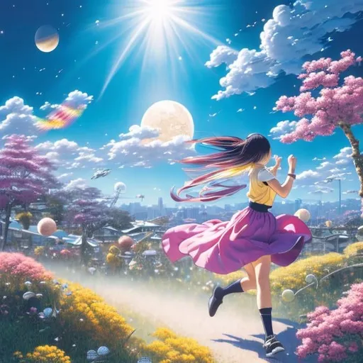 Prompt: Masamune Shirow, Katsuhiro Otomo, Hiroshi Masumura, Kiichi Okamoto, Takeo Takei, surreal, mysterious, bizarre, fantastic, fantasy, sci-fi, Japanese anime, miniskirt high school girl running through space, satellite, wind chime, place where the rainbow begins, sleeping moon, detailed masterpiece high resolution definition quality, depth of field cinematic lighting 