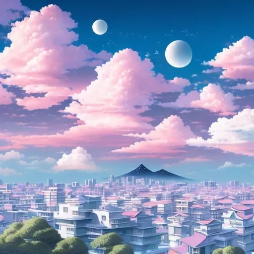 Prompt: Takako Hirai, Junaida, Heikala, Surreal, mysterious, strange, fantastical, fantasy, Sci-fi, Japanese anime, sweets house, beautiful high school girl in a miniskirt who climbs on the roof to eat, perfect voluminous body, pale blue and pink sky, clouds, hyper detailed masterpiece, fairy art