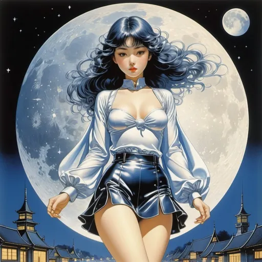 Prompt: Hajime Sorayama, Sidney Sime, Henry Matthew Brock, Elenore Abbott, Adrienne Adams , Surrealism, wonder, strange, bizarre, fantasy, Sci-fi, Japanese anime, the moon as soft and cold as mercury, flowing light, reflection, diffusion, like a mirror, the night life of a beautiful high school girl in a miniskirt, perfect voluminous body, detailed masterpiece 