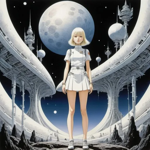 Prompt: Kay Nielsen, Khaled Ben Slimane, Gabriella Barouch, Kathi Ember, katsuhiro Otomo, Surrealism Mysterious Weird Fantastic Fantasy Sci-Fi, Japanese Anime Surface Tension, Zen and Spaceship Repair Techniques, The Moon Comes to You, Miniskirt Beautiful High School Girl, perfect voluminous body, detailed masterpiece 