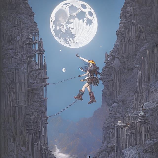 Prompt: Frank Pape, Maurice Sendak, Japanese anime surreal mysterious strange sci-fi fantasy fantasy climbing the full moon crescent moon girl walk, manga lines, hyperdetailed high resolution high definition high quality masterpiece