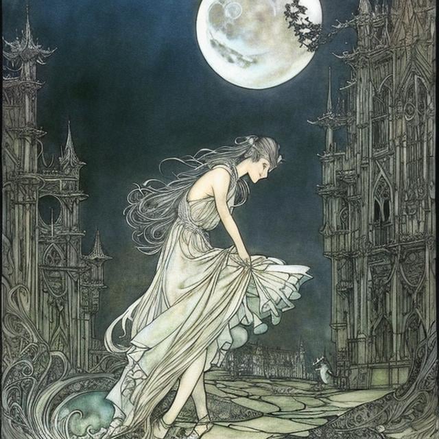 Prompt: Arthur Rackham Anime　surreal　wondrous　strange　Whimsical　absurderes　fanciful　Sci-Fi Fantasy　Black Museum Crescent Moon、Dance with the monster　Beautiful blonde girl in maid clothes