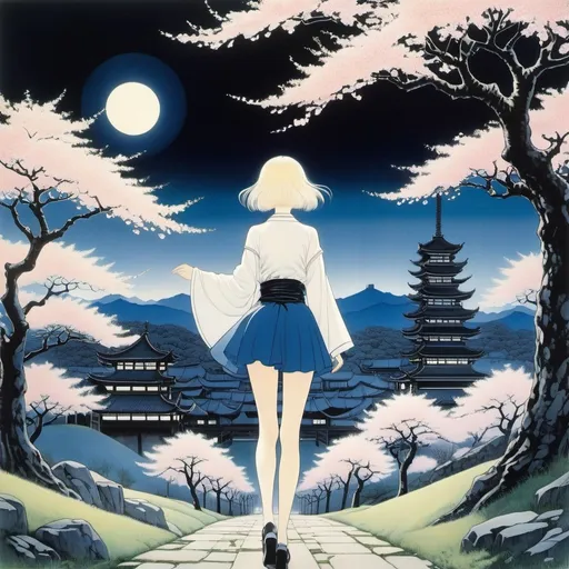 Prompt: Kay Nielsen, Francesca Sanna, Lorenzo Mattotti, Surreal, mysterious, strange, fantastical, fantasy, sci-fi, Japanese anime, nothing unusual on the cherry blossom front, the granite night and the blue of darkness, the miniskirt beautiful girls leaving the factory, perfect voluminous body, detailed masterpiece 