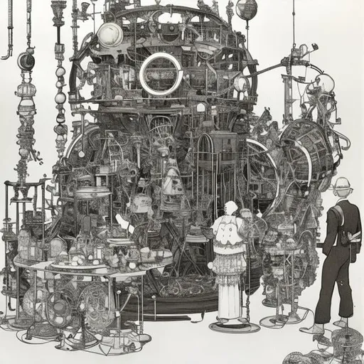 Prompt: Heath Robinson　wondrous　strange　Whimsical　surreal　humor　absurderes　fanciful　Sci-Fi Fantasy　Lunar accelerator　Soft Machine　Time for Us　Star Eating