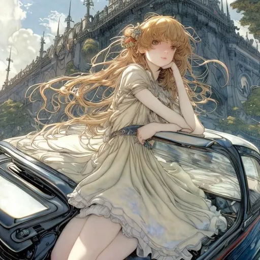 Prompt: Arthur Rackham, Jean Giraud, Walter Crane Anime　wondrous　strange　Whimsical　surreal　fanciful　Sci-Fi Fantasy　Galactic Highway　Light yellow FIAT500 giant Saturn in front　stele々　Miniskirt high school girl posing sitting on the hood　a beauty girl　Wide Angle　hyperdetailed high definition high resolution high quality masterpiece