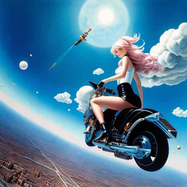 Prompt: Bernard Krigstein, Giorgio de Chirico, Surreal, mysterious, strange, fantastic, fantasy, Sci-fi, Japanese anime, half-gravity, inverted floating world, from the sky to the ground, and the ground is space, a miniskirt beautiful girl riding an aerial motorcycle, perfect body, detailed masterpiece 