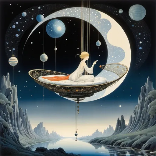 Prompt: Kay Nielsen, Jean Theodore Dupas, Surreal, mysterious, strange, fantastic, fantasy, Sci-fi, Japanese anime, flying bed, beautiful girl in pajamas, perfect voluminous body, river of the galaxy, solar system, artificial satellite, detailed masterpiece 