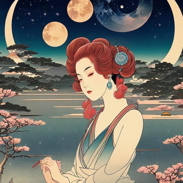 Prompt: Ukiyo-e style, Charles Doyle, Margaret Tarrant, Japanese Anime Surreal Fantasy Mysterious Strange Fantastic Sci-Fi Fantasy Crescent Moon Girl Night Traveler Moonlight Realm When the Moon Sleeps, hyperdetailed high resolution high definition high quality masterpiece