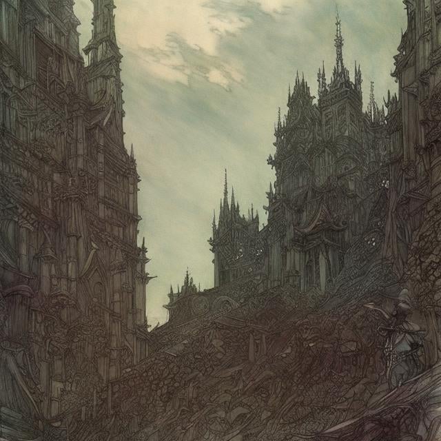 Prompt: Arthur Rackham, Jean Dunand , Japanese Anime Surreal Mysterious Weird Fantastic Sci-fi Fantasy Fantasy The night the cats fall, hyperdetailed high resolution high definition high quality masterpiece 