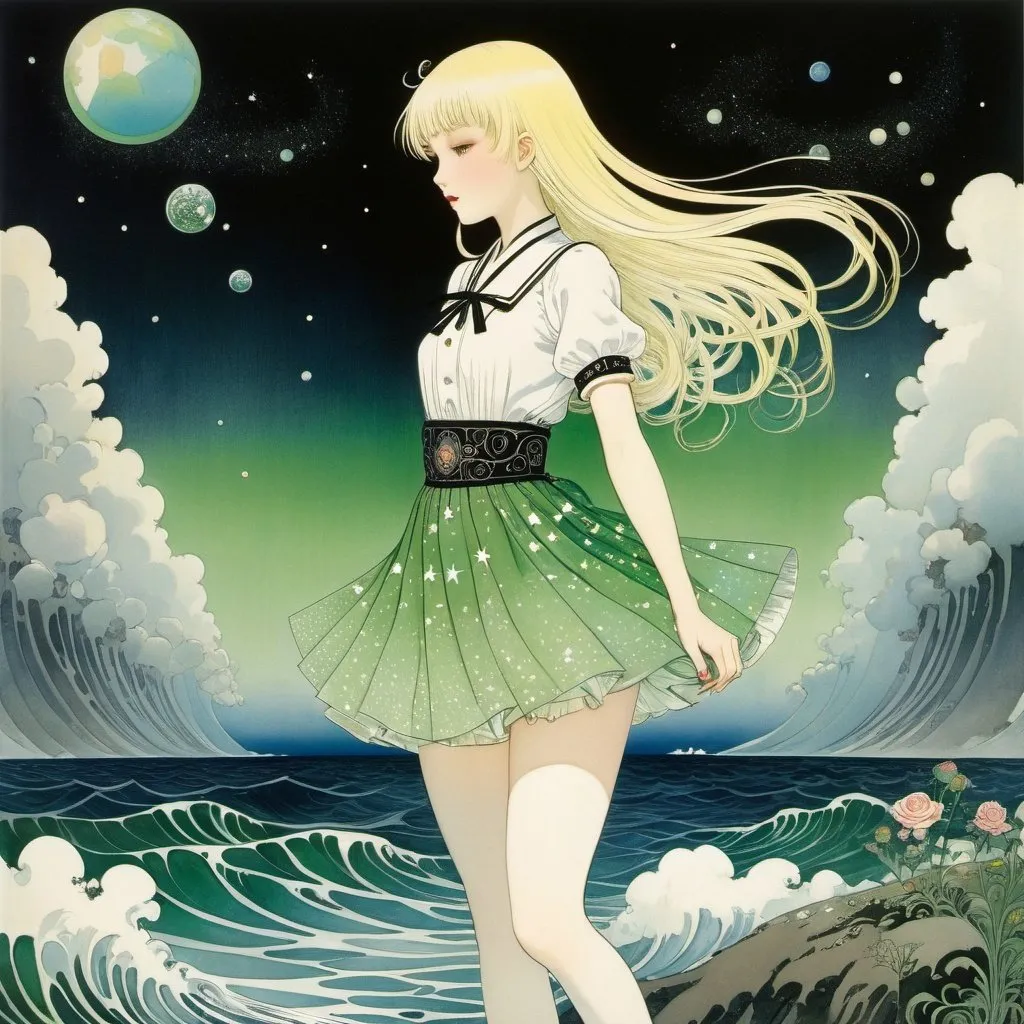 Prompt: Kay Nielsen, Rose O'Neill, Surreal, mysterious, strange, fantastical, fantasy, Sci-fi, Japanese anime, sea, microorganisms, green, earth, stars, sky, rainbow, blonde miniskirt beautiful girl Alice, perfect voluminous body, detailed masterpiece 