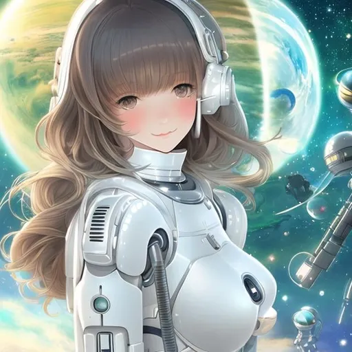 Prompt: Kate Greenaway, Margaret Tarrant, Roger Hane Japanese Anime wondrous strange Whimsical surreal fanciful Sci-Fi Fantasy Locket droid Beautiful girl in a space suit Martian Milky Way Raygun retro-futuristic SF pulp style thin tight white body suit, Perfrct body Sweet beautiful face, derailed high quality resolution high definition masterpiece