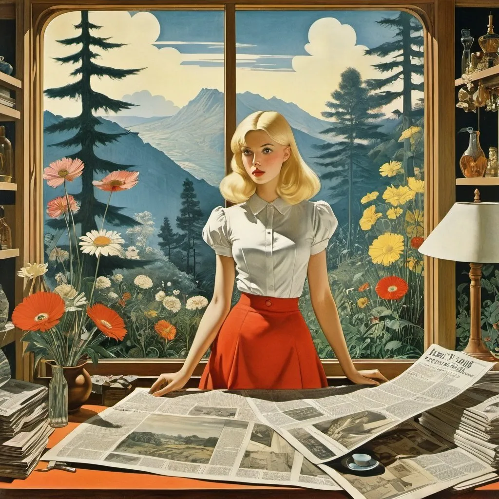 Prompt: Max Ernst, Paul Nash, ENCHANTRESS EEVA NIKUNEN, Lisbeth Zwerger, Rudolf von Alt, Surrealism, wonder, strange, bizarre, fantasy, Sci-fi, Japanese anime, the earth is a newspaper, flowers are printing presses, the forest is a show window, blonde miniskirt beautiful girl Alice's shopping, perfect voluminous body, detailed masterpiece 