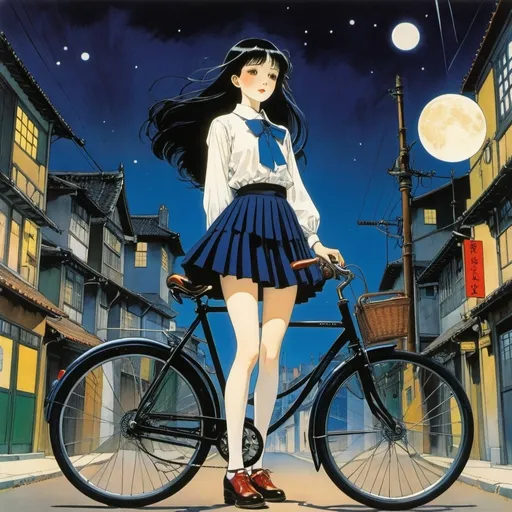 Prompt: Richard Sargent, Amos Sewell, Harry Clarke, Rie Cramer, Taiyo Matsumoto, Surrealism, wonder, strange, fantastical, fantasy, Sci-fi, Japanese anime, bicycle in the middle of the night, a town where small moonlight fragments fall, a beautiful high school girl in a miniskirt, perfect voluminous body, detailed masterpiece 