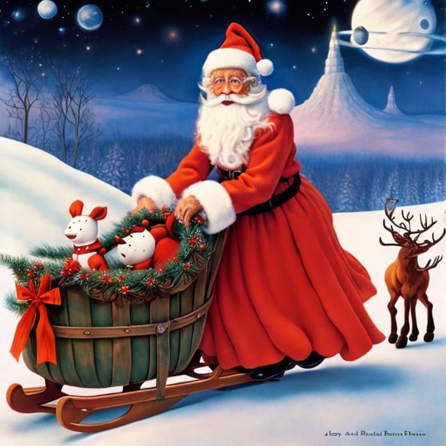 Prompt: Elsa Beskow, Mabel Attwell, John Romita Jr., Surreal, mysterious, strange, fantastical, fantasy, Sci-fi, Japanese anime, beautiful blonde miniskirt girl Alice in a bright red Santa costume, riding a reindeer sleigh through the night sky, Christmas presents piled up on the carrier, stars, aurora, hyper detailed masterpiece 