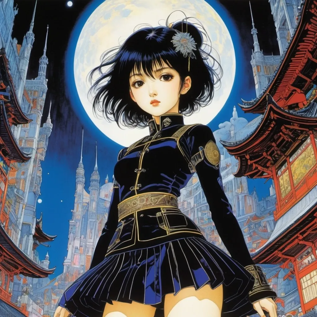 Prompt: Harry Clarke, Satomi Ikezawa, Wilhelmina Barns-Graham, Jakub Różalski, Masamune Shirow, Surrealism Mysterious Weird Fantastic Fantasy Sci-Fi, Japanese Anime, Discovery of Darkness, Festival Stage, Play, and Beautiful Miniskirt High School Girl, perfect voluminous body, detailed masterpiece 