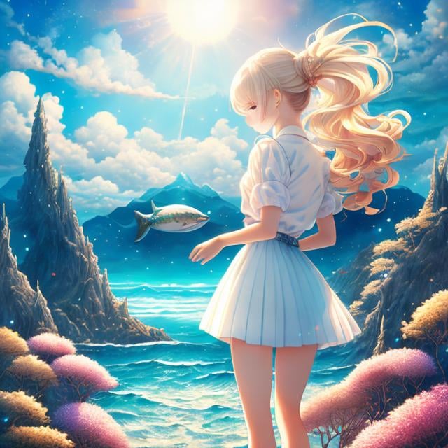 Prompt: Tom Bonson, Shin Kibayashi, Surreal, mysterious, strange, fantastical, fantasy, Sci-fi, Japanese anime, giant music box, sleeping world, traveling blonde miniskirt beautiful girl Alice, perfect voluminous body, the sea, the sky, the road that continues, detailed masterpiece 