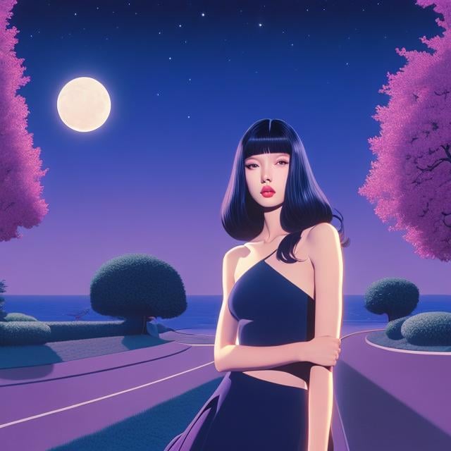 Prompt: Guy Billout, Surreal, mysterious, strange, fantastic, fantasy, Sci-fi, Japanese anime, beautiful girl in a miniskirt, perfect voluminous body, crescent moon, moonlight realm, traveler only at night, the moon and stars sleeping on earth, hyper detailed masterpiece high resolution definition quality, depth of field cinematic lighting 