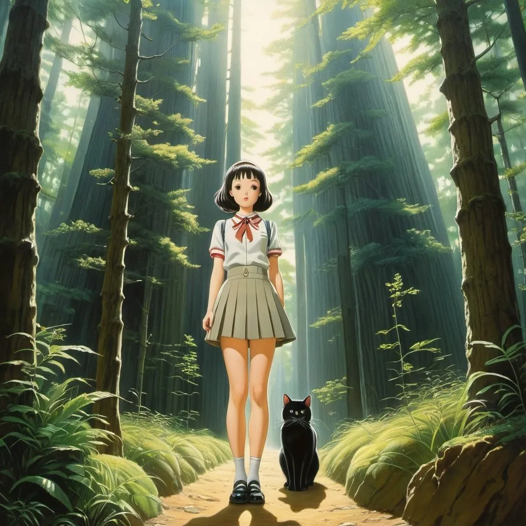 Prompt: Maria Rabinky, Kay Sage, Minoru Nonaka,  Erwin Puchinger, Tatsuki Fujimoto, Surrealism, wonder, strange, bizarre, fantasy, Sci-fi, Japanese anime, a walk through the forest architecture of visual symbolism, a miniskirt beautiful high school girl and her guide cat, perfect voluminous body, low high angles perspectives detailed masterpiece 