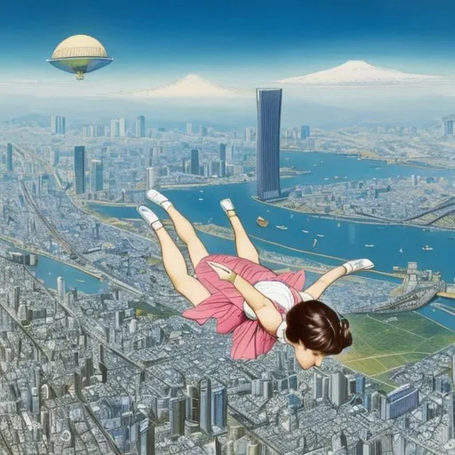 Prompt: Kate Greenaway, Margaret Tarrant, Anne Anderson, Sci-fi Fantasy, Free-Falling girl Overhead view, various poses, Over Tokyo city , detailed, resolution definition high quality masterpieces