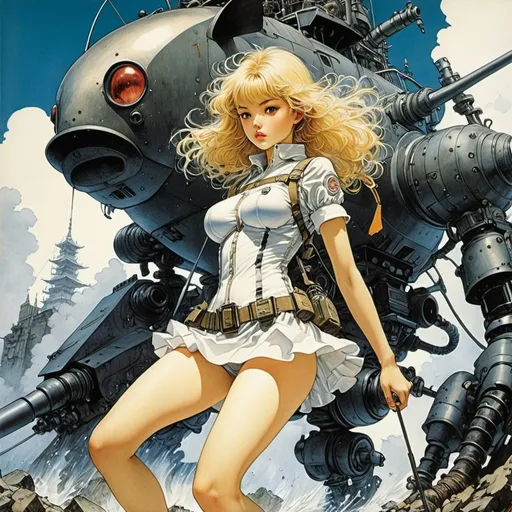 Prompt: Katsuhiro Otomo, Arthur Rackham, Surreal, mysterious, strange, fantastical, fantasy, Sci-fi, Japanese anime, miniskirt combat beautiful girl fighting earthquake catfish, perfect voluminous body, mechanical battle suit, coming from underground, detailed masterpiece 