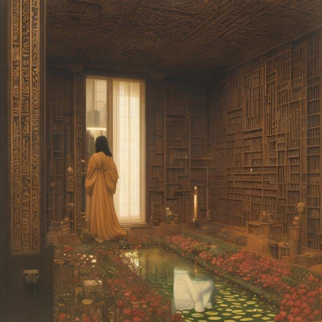 Prompt: Katsuhiro Otomo, Dante Gabriel Rossetti, surreal, mysterious, strange, bizarre, fantasy, Sci-fi, Japanese anime, beautiful girl, depicting things that cannot be represented, visions, inside the mirror, animals, flowers, people, labyrinths, buildings, future memories, visions and modeling, detailed masterpiece 