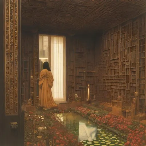 Prompt: Katsuhiro Otomo, Dante Gabriel Rossetti, surreal, mysterious, strange, bizarre, fantasy, Sci-fi, Japanese anime, beautiful girl, depicting things that cannot be represented, visions, inside the mirror, animals, flowers, people, labyrinths, buildings, future memories, visions and modeling, detailed masterpiece 
