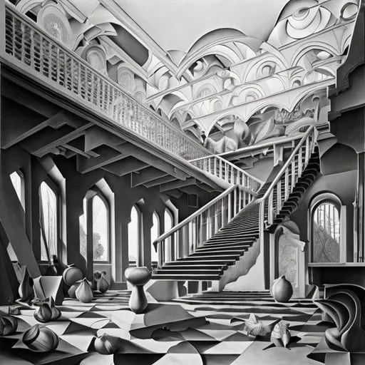 Prompt: M c Escher in full colour, Margaret Tarrant, Surreal, mysterious, strange, fantastical, fantasy, Sci-fi, Japanese anime, perspective of the lost sky, point/line perspective, parallel perspective foot method, 45° method of full-angle perspective, point method of full-angle perspective, oblique perspective Line perspective, shadow perspective/enlarged perspective, bird perspective, three-point perspective, beautiful blonde miniskirt girl Alice drawing a perspective view, detailed masterpiece 