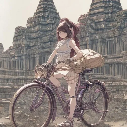 Prompt: Charles Robinson, Katsuhiro Otomo, Japanese anime sci-fi fantasy miniskirt high school girl bicycle trip Angkor Wat, hyperdetailed high resolution high definition high quality masterpiece