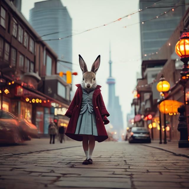 Prompt: Shaun Tan, Helen Oxenbury, surreal, mysterious, bizarre, fantastical, fantasy, Sci-fi, Japanese anime, beautiful girl Alice sightseeing in Toronto, rabbit walking on two legs wearing clothes, Mad Hatter, CN Tower, delicious crepes, hyper detailed masterpiece high resolution definition quality, depth of field cinematic lighting 
