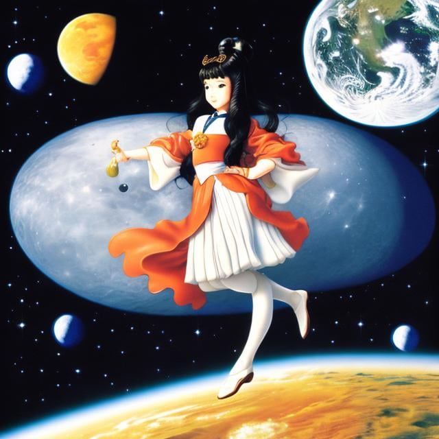 Prompt: Hans Baldung, Naoko Takeuchi , Surreal, mysterious, strange, fantastical, fantasy, sci-fi, Japanese anime, beautiful girl in a space suit surveying the moon, perfect voluminous body, distance from the earth to the moon, survey map, detailed masterpiece 