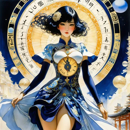 Prompt: Léon Bakst, Yoshitoki Ōima, Surreal, mysterious, strange, fantastical, fantasy, Sci-fi, Japanese anime, symbol of order and chaos called a festival city, dress of light and shadow, beautiful girl, watch manufacturing, detailed masterpiece 