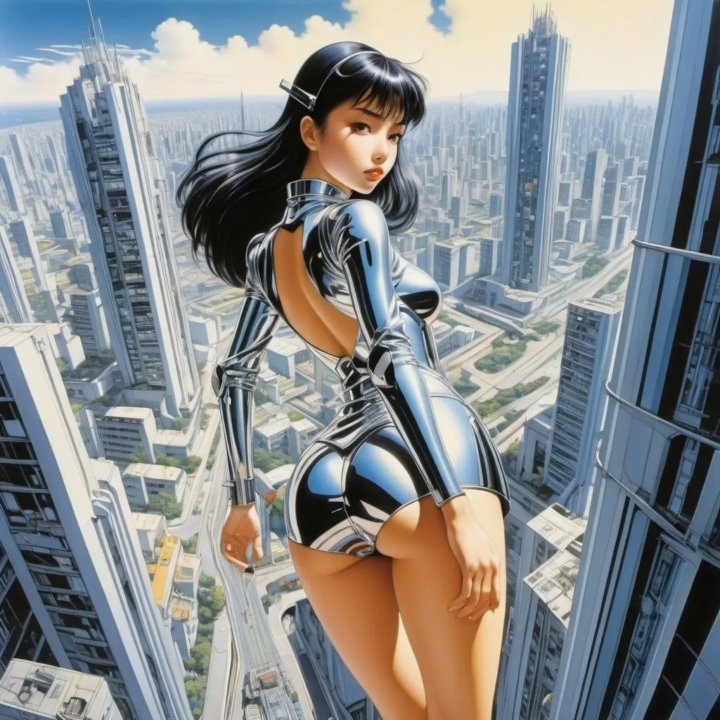 Prompt: Hajime Sorayama, Shuuhou Itahashi, Naoyuki Kato, Vincent Di Fate, Patrick Woodroffe, Surrealism, wonder, strange, fantastical, fantasy, Sci-fi, Japanese anime, future city of Neo Tokyo, a beautiful high school girl in a miniskirt in a mechanical suit flying through the valley of high-rise buildings, perfect voluminous body, detailed masterpiece 