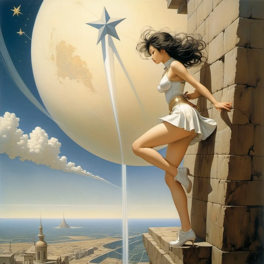Prompt: A E Marty, Michael Parkes, Surreal, mysterious, strange, fantastical, fantasy, Sci-fi, Japanese anime, miniskirt beautiful girl walking up a vertical wall, perfect voluminous body, horizontal gravity world, shooting star, detailed masterpiece 