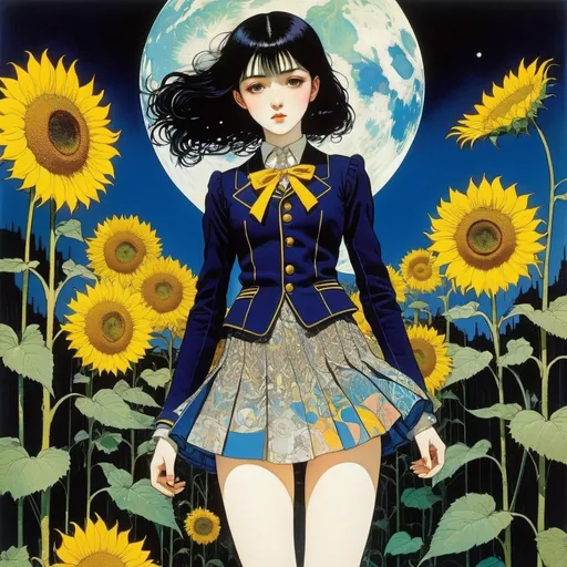 Prompt: Harry Clarke, Joseph Rudolf Witzel, Surreal, mysterious, strange, fantastical, fantasy, Sci-fi, Japanese anime, deja vu at the end of the world, night of sunflowers, beautiful high school girl in miniskirt, perfect voluminous body, detailed masterpiece 