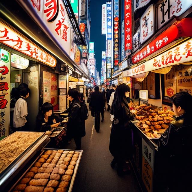 Prompt: Masamune Shirow, Anne Anderson, Surreal, mysterious, strange, fantastical, fantasy, Sci-fi, Japanese anime, Yakitori stall, beautiful girl in a mechanical suit eating Yakitori, perfect voluminous body, Shinjuku Kabukicho, crowd, detailed masterpiece 