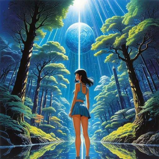 Prompt: Toriko Chiya, Ted Nasmith, Kilian Eng, Taiyō Matsumoto, Sydney Sime full colours, Surrealism Mysterious Weird Fantastic Fantasy Sci-Fi, Japanese Anime, Liquid Crystal Night Reflection, Transmission, Refraction City in the Trees and Beautiful Girl in Miniskirt, perfect voluminous body, detailed masterpiece  hand coloured fine line drawings 