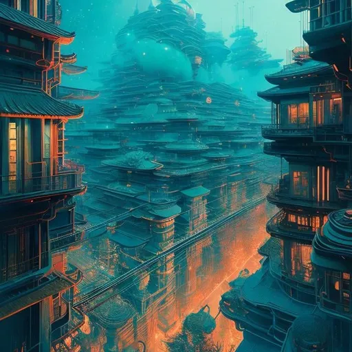 Prompt: Victo Ngai, Pavel Tchelitchew, Surreal, mysterious, strange, fantastical, fantasy, Sci-fi, Japanese anime, neo-metabolism architecture, future history, creating machine, tapestry, hyper detailed masterpiece depth of field, cinematic lighting 