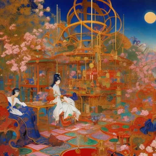 Prompt: Leon Bakst, Carl Larson, Japanese anime, surreal mysterious strange bizarre fantasy sci-fi fantastic, contraption, clock, astronomy, mahjong, detailed, high resolution high definition high quality masterpiece 