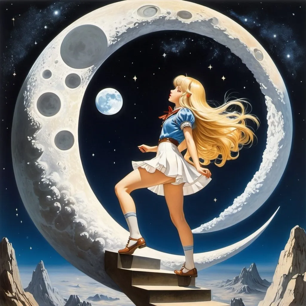 Prompt: Ai Yazawa, Peter Andrew Jones, Patrick Woodroffe, Elsa Beskow, Harriët van Reek, Surrealism, wonder, strange, bizarre, fantasy, Sci-fi, Japanese anime, moon viewing ritual, beautiful blonde miniskirt girl Alice climbing on the moon, perfect voluminous body, transparent staircase in space, detailed masterpiece 