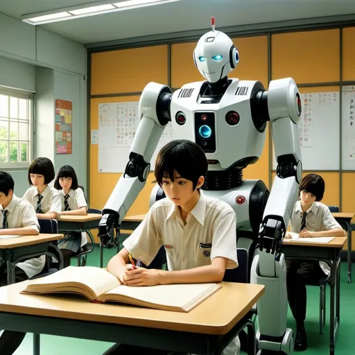 Prompt: Shiro Kawakami, Ed Valigursky, Surreal, mysterious, strange, fantastical, fantasy, Sci-fi, Japanese anime, after-school classroom, the robot who doesn't want to go home, detailed masterpiece 
