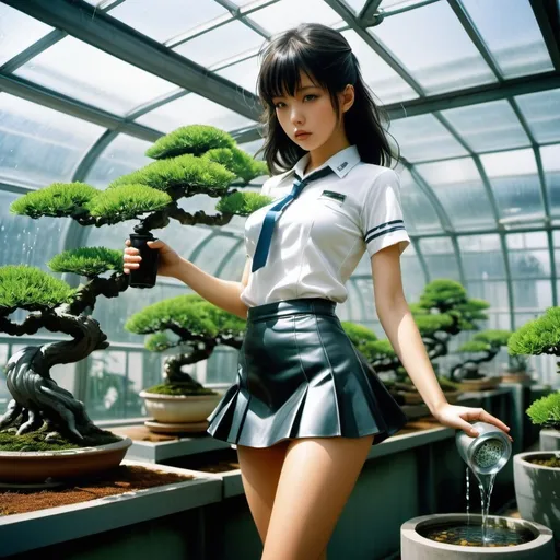 Prompt: Hajime Sorayama, Naoyuki Kato, Anna Friberger, Jens Rosing, tomoyoshi Maruyama, Tove Henrysson, Surrealism, wonder, strange, bizarre, fantasy, Sci-fi, Japanese anime, futuristic city in bonsai, miniskirt beautiful high school girl watering bonsai, perfect voluminous body, splash, wet, glass global greenhouse, detailed masterpiece 