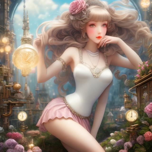 Prompt: AntonPieck, Gerda Wegener, Mabel Attwell, Surreal, mysterious, strange, fantastical, fantasy, Sci-fi, Japanese anime, miniskirt beautiful girl Alice, blonde, perfect voluminous body, mechanical rabbit tea party, gears of time and space, hyper detailed masterpiece, high resolution definition quality, depth of field, cinematic lighting 