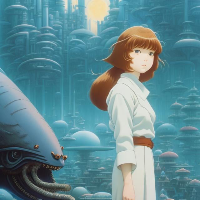 Prompt: Hayao Miyazaki, Ralph McQuarrie, Surreal, mysterious, strange, fantastical, fantasy, Sci-fi, Japanese anime, the future of desire, mechanical dreams, portraits of spirits, solo beautiful young lady perfect voluminous body, the underground labyrinth of the demon city of Tokyo, "Nausicaa" and Nietzsche and eternal recurrence, a cruel person named "Princess Mononoke" Masterpiece: Science and desire, crossing the boundaries between science and literature, academia and otaku, hyper detailed masterpiece high resolution definition quality, depth of field cinematic lighting 