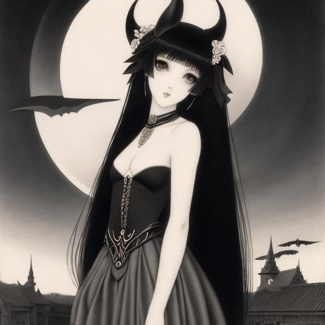 Prompt: Charles Robinson, Tarsila Krüse, Surreal, mysterious, strange, fantastical, fantasy, Sci-fi, Japanese anime, crescent moon at dusk on Halloween, trick or treat, miniskirt beautiful high school girl, perfect voluminous body, taming a dragon, detailed masterpiece 