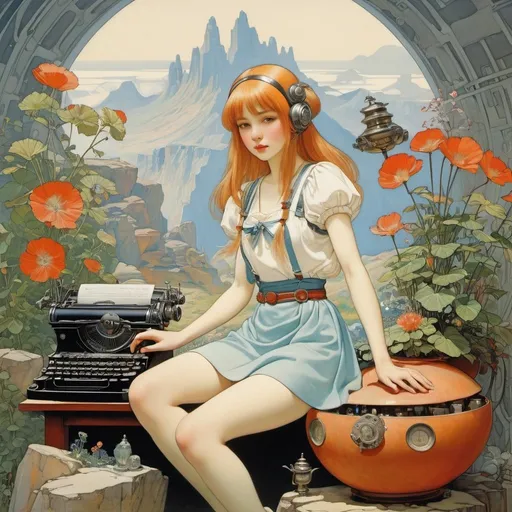 Prompt: Heath Robinson, John Duncan, Akseli Gallen-Kallela, Mikhail Nesterov, Hiro Fujiwara, Surrealism, strange, bizarre, fantastical, fantasy, Sci-fi, Japanese anime, fragments of minerals and plants, typewriter, Mars, printing workshop, floating miniskirt beautiful girl Alice, perfect voluminous body, fun, detailed masterpiece 