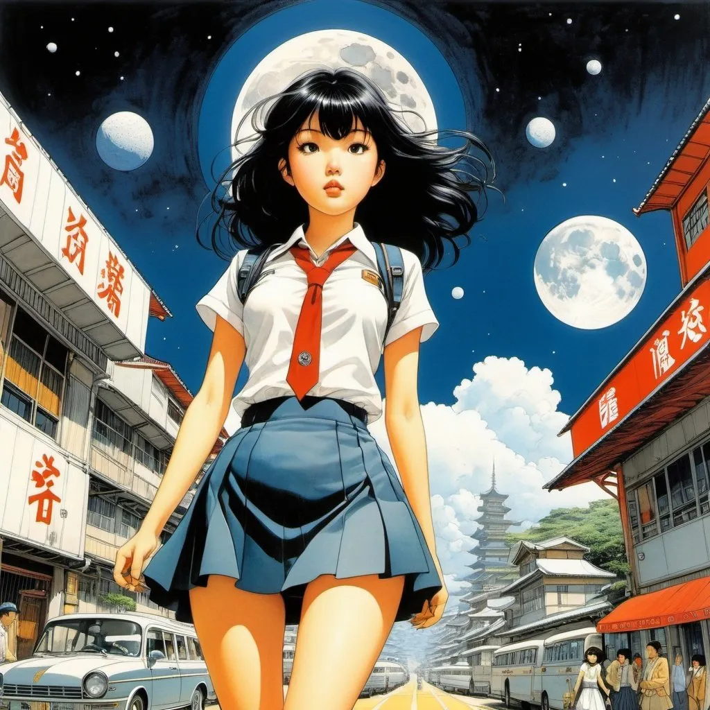 Prompt: George Joseph Herriman, Katsuhiro Otomo, Surreal, mysterious, strange, fantastical, fantasy, Sci-fi, Japanese anime, great voyage on paper, chasing the moon and sun, beautiful high school girl in a miniskirt, perfect voluminous body, detailed masterpiece 