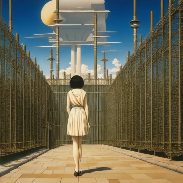 Prompt: Shigeru Tamura, Giorgio de Chirico, Surreal, mysterious, strange, fantastical, fantasy, sci-fi, Japanese anime, the body is a cage of consciousness, the head is the key to the cage, a beautiful girl in a miniskirt, perfect voluminous body, detailed masterpiece 