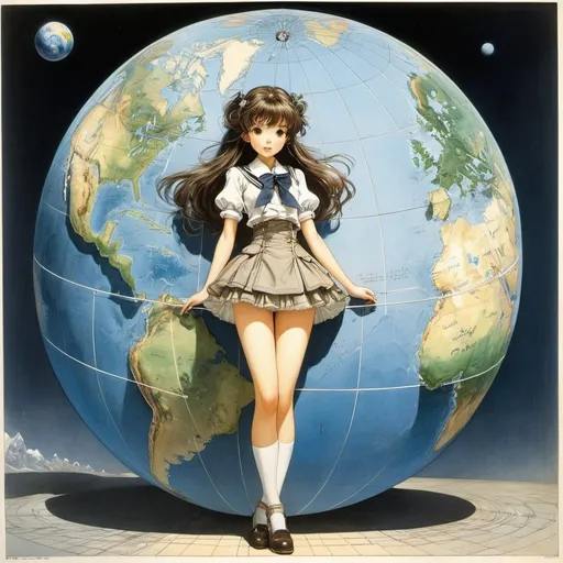 Prompt: Flaka Haliti, Arthur Rackham, Antoine Dumas, Thomas Kerr, Naoyuki Kato, Surrealism Mysterious Weird Fantastic Fantasy Sci-fi, Japanese Anime, Beautiful high school girl in a miniskirt taking geographical measurements at the ends of the world, perfect voluminous body, Cartography and the earth ellipsoid, Earth-centered three-dimensional orthogonal coordinate system coordinate axes, Gauss-Krügel conformal projection method, detailed masterpiece 